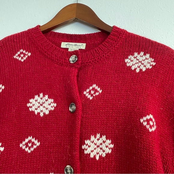 VTG Eddie Baure Sweater Womens‎ M Red Mulit Color Button Wool Alpaca Holida - Picture 2 of 11